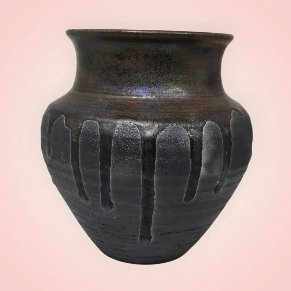 Vintage Raku Style Handmade Ceramic Brown Vase 5” Signed 